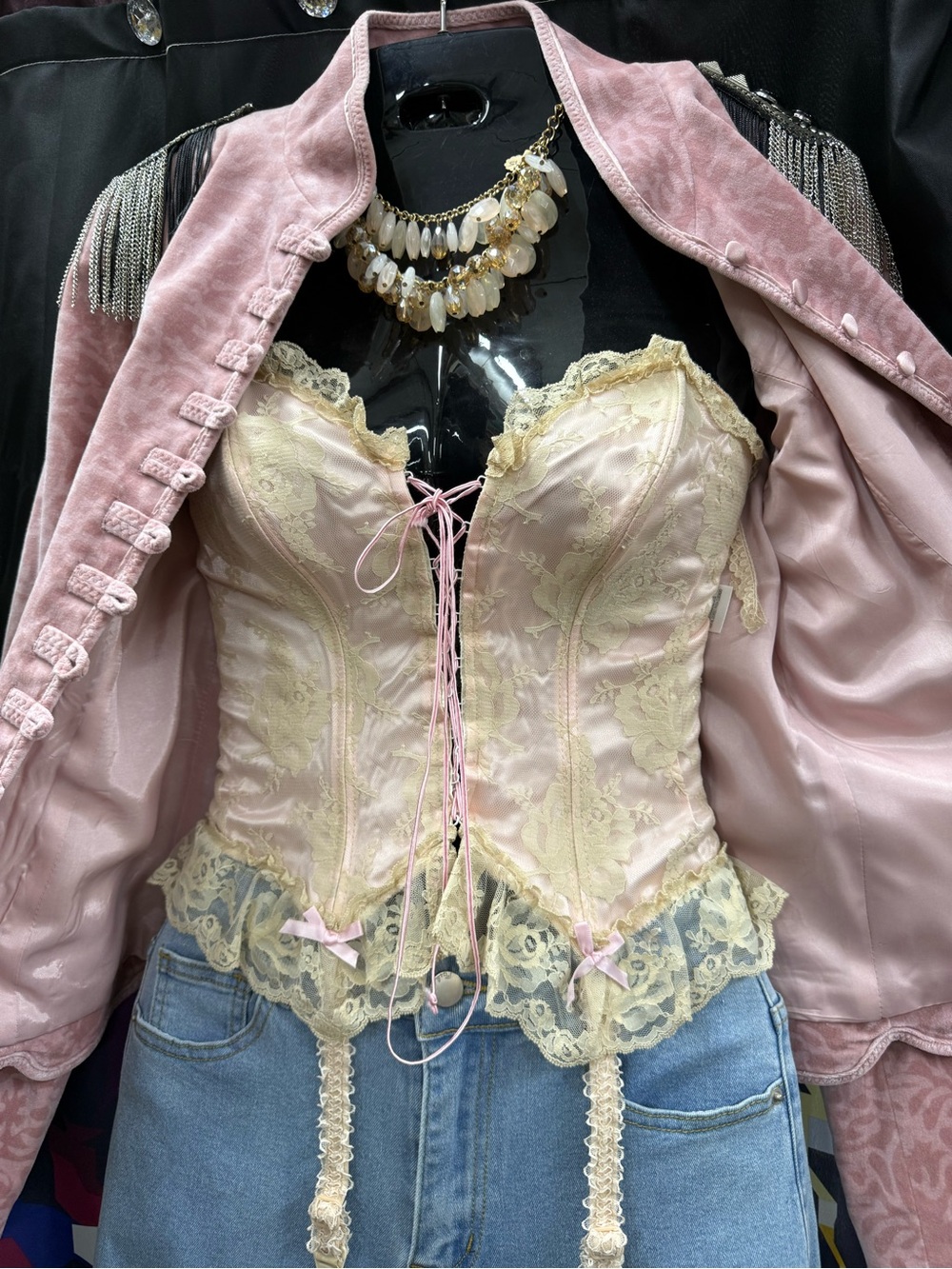 Vintage Lace Pink Lace Bustier Corset Top